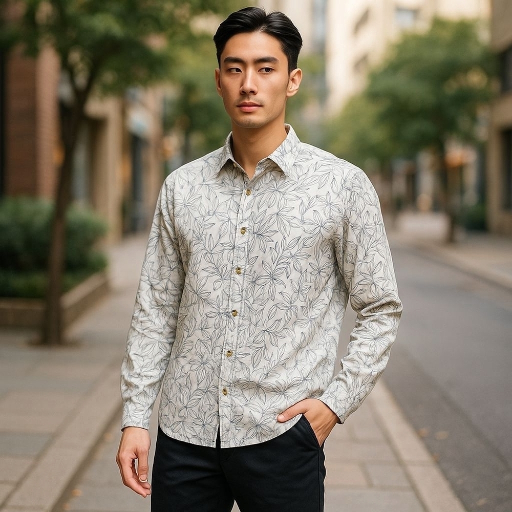 ROWM sz medium white cooling material button down blue floral print MT53